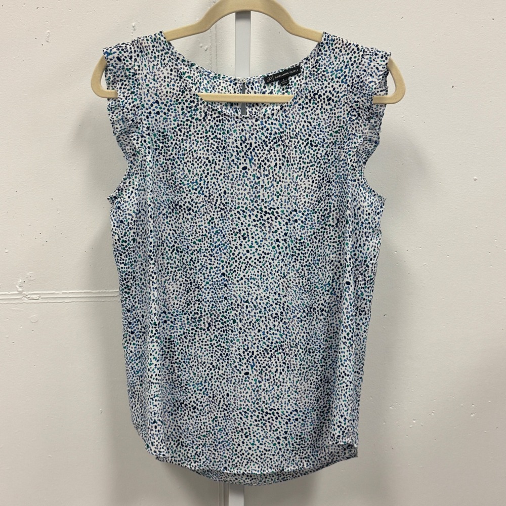 Adrianna‎ Papell Teal Blue Dotted Ruffle Sleeve Keyhole Blouse Top Women's Small